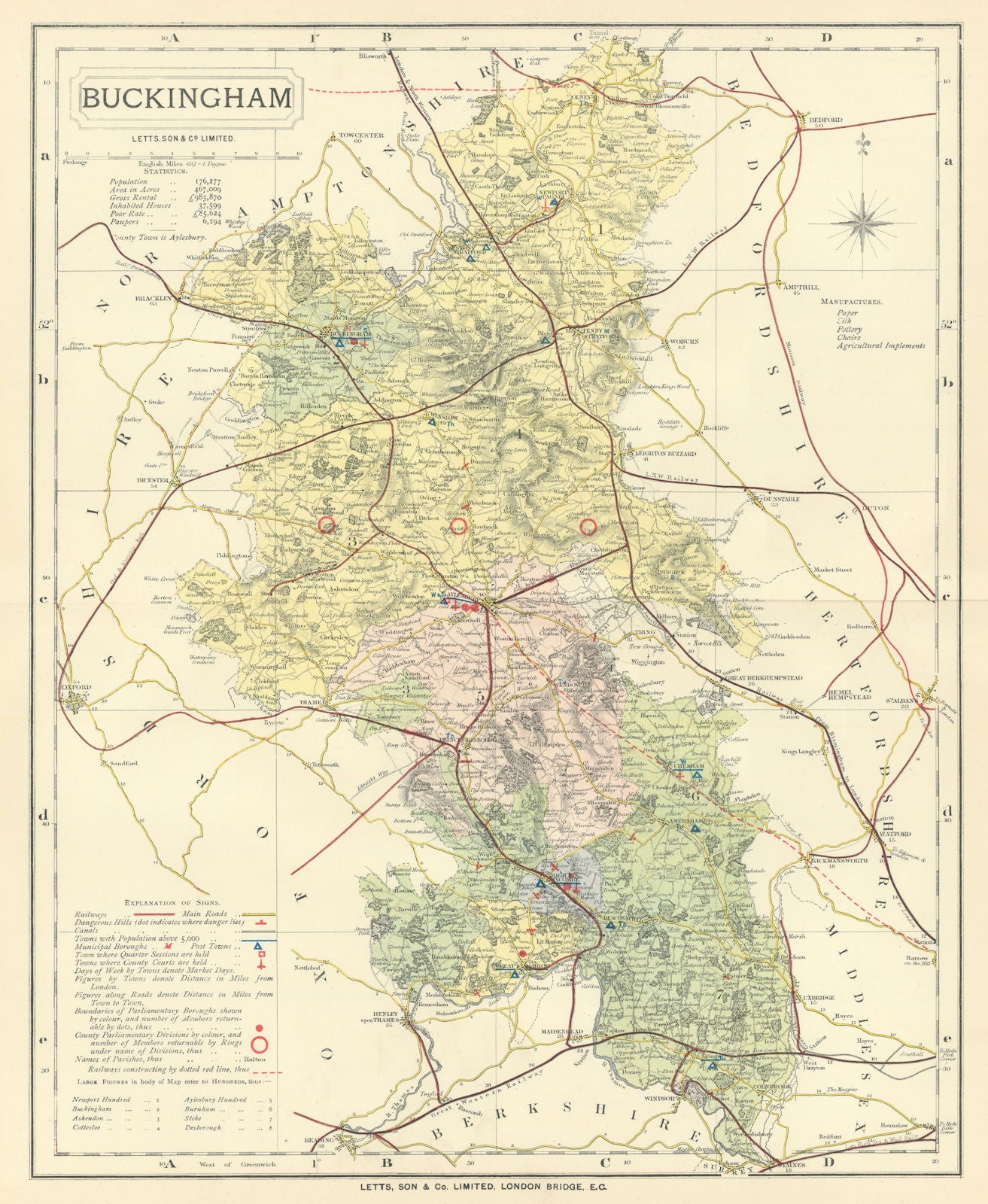 Buckinghamshire county map showing Post Towns & Market Days. LETTS 1884